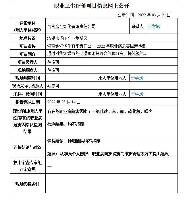 河南金江煉化有限責(zé)任公司2022年職業(yè)病危害因素檢測信息公示