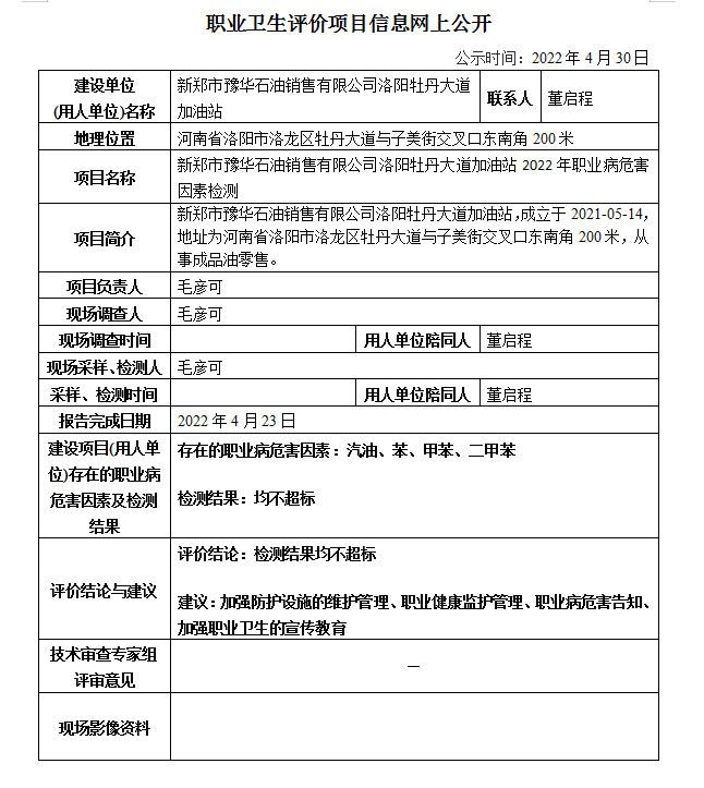 新鄭市豫華石油銷售有限公司洛陽(yáng)牡丹大道加油站2022年職業(yè)病危害因素檢測(cè)信息公示