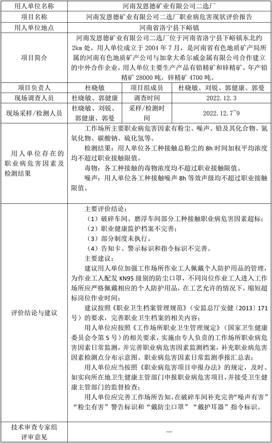 河南發(fā)恩德礦業(yè)有限公司二選廠現(xiàn)狀評價報告信息公示