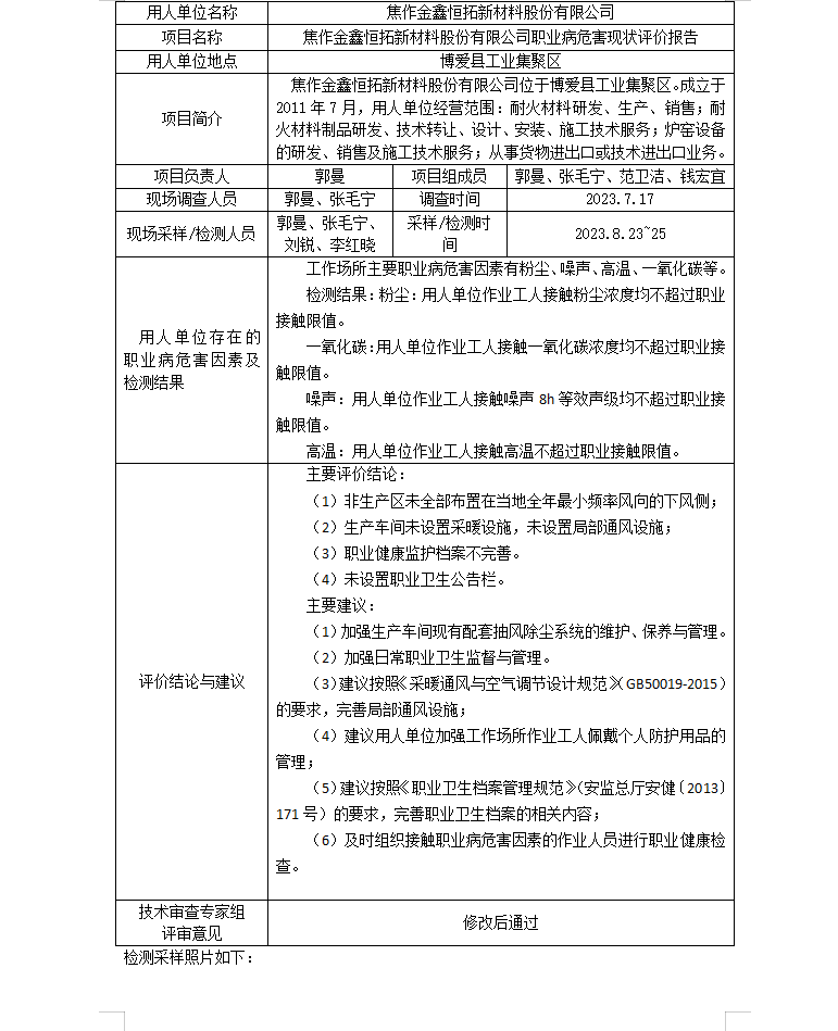 焦作金鑫恒拓新材料股份有限公司現(xiàn)狀評價公示