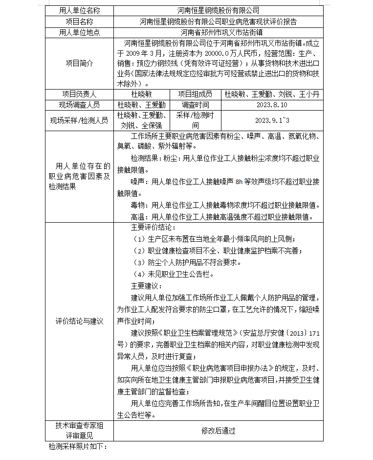 河南恒星鋼纜股份有限公司現(xiàn)狀評價公示